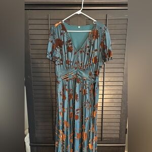 Chic Teal and Gold Floral Maxi Dress